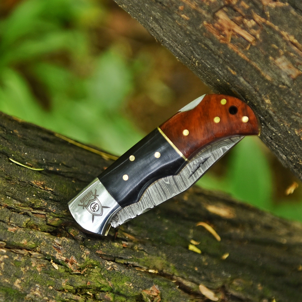 Hand-Forged Damascus Folding Knife with Leather Sheath & Sharpening Tool