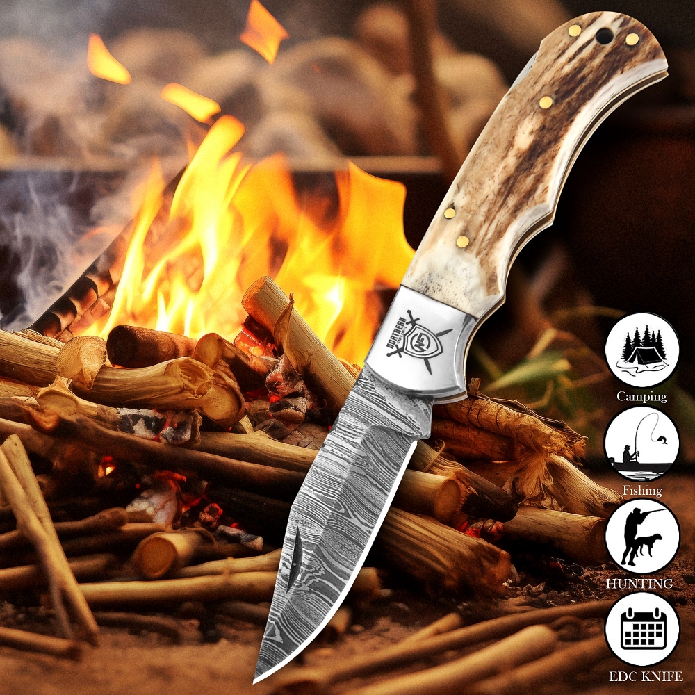 Premium Damascus Folding Knife – Handmade Blade with Leather Sheath & Sharpener