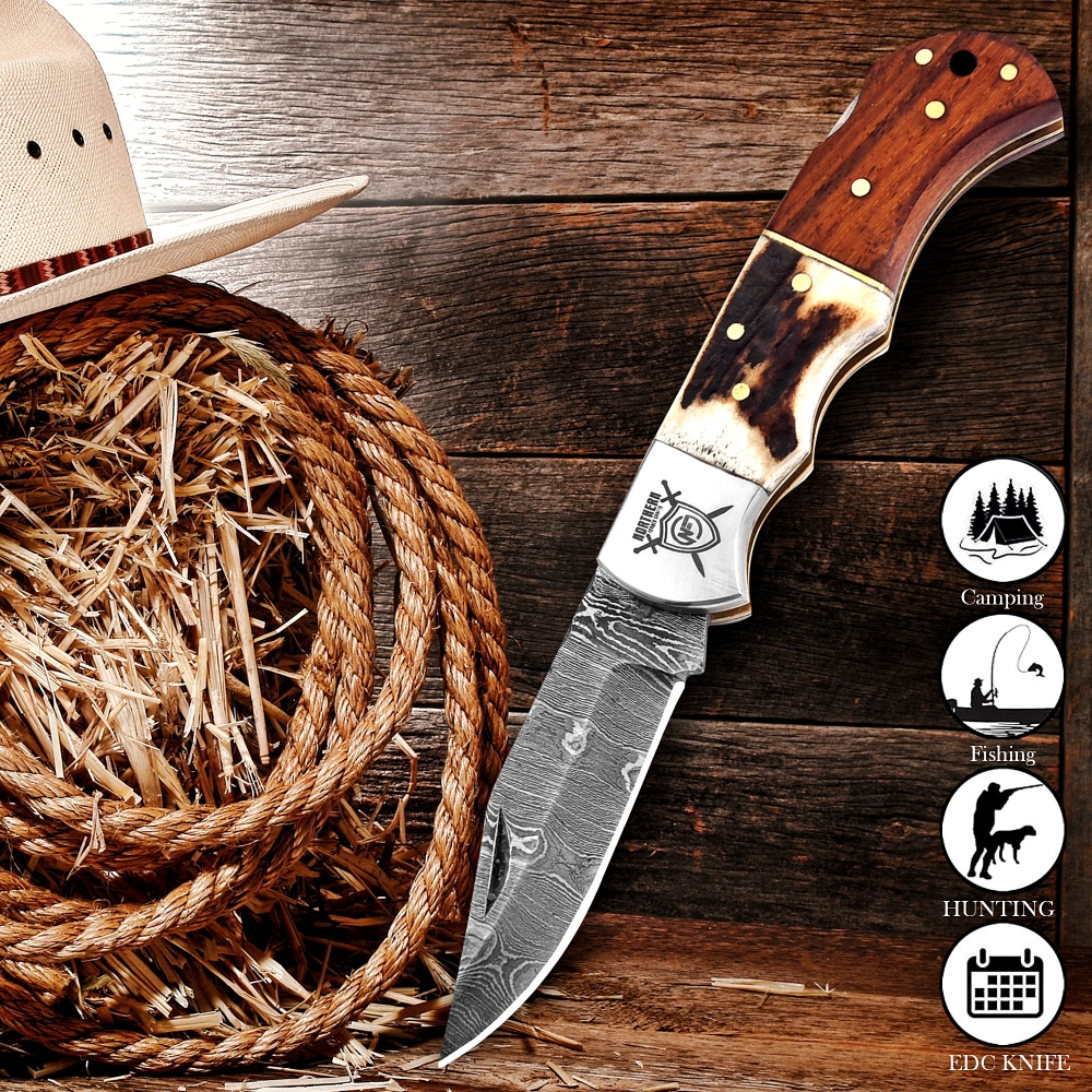 Premium Damascus Folding Knife – Handcrafted with Leather Sheath & Sharpener