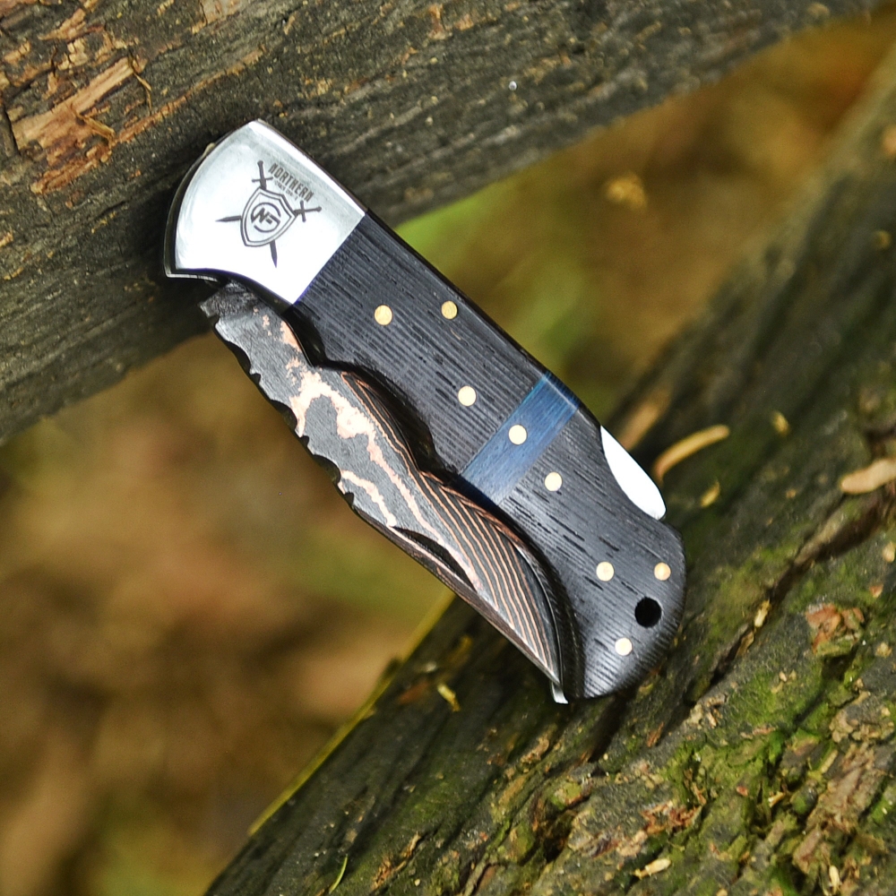 Damascus & Copper Fusion Knife I The Masterpiece with Leather Sheath & Sharpener