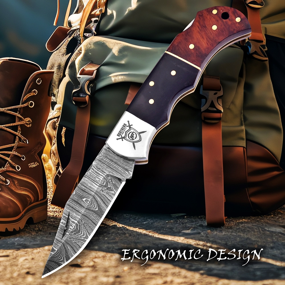 Hand-Forged Damascus Folding Knife with Leather Sheath & Sharpening Tool