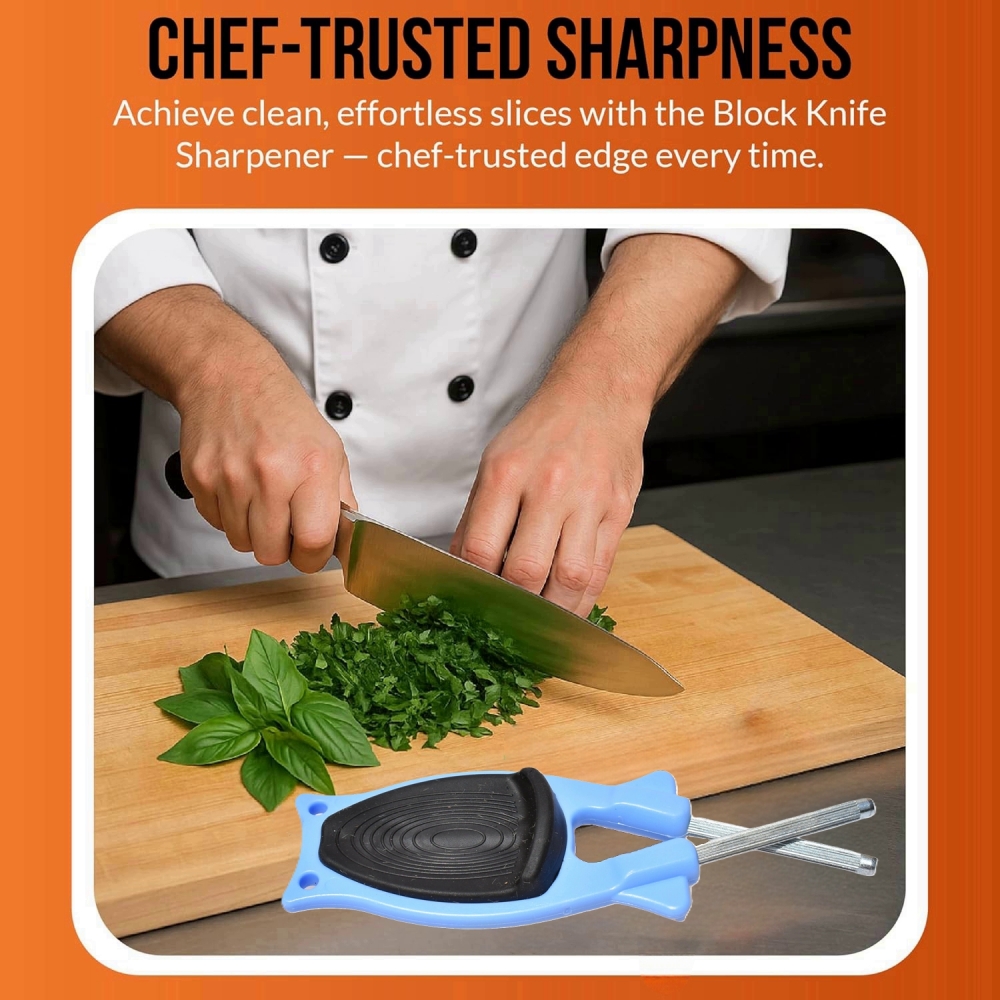 New patent sharpener that relines and hones blades to true edge.