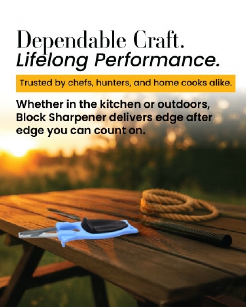 New patent sharpener that relines and hones blades to true edge.