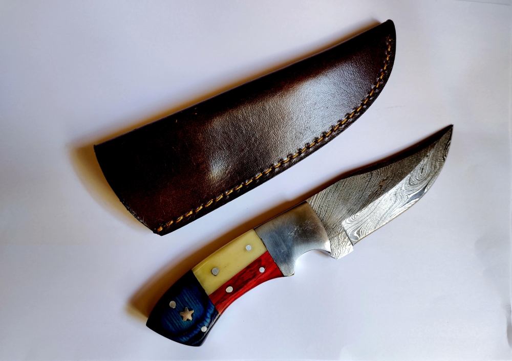 Custom Handmade 1095 and 15N20 Damascus Steel Skinner -- HRC 58 fixed blade– Patriotic Exotic Wood & Camel Bone with premium Leather sheath 