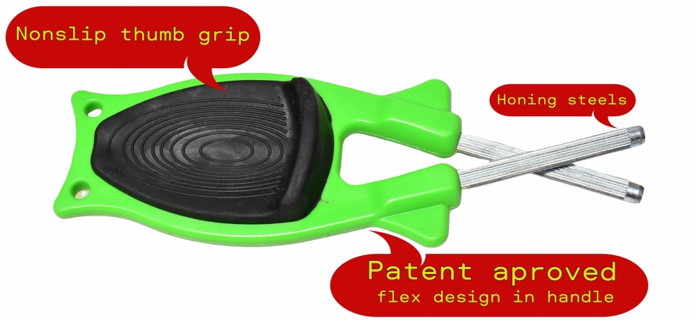 New patent handheld knife sharpener that relines hones blades.