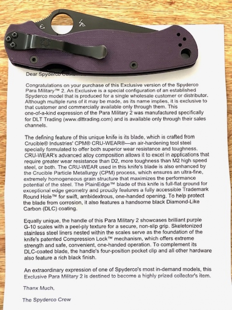 Spyderco Paramilitary 2 DLT Exclusive Purple G10 w/ Black CPM CRU-WEAR