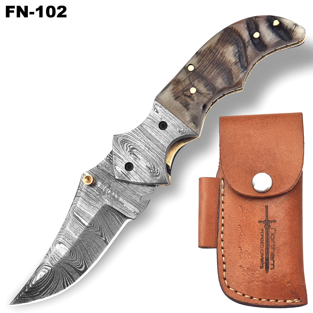 Premium Damascus Folding Knife – Handcrafted Blade with Leather Sheath & Sharpening Tool