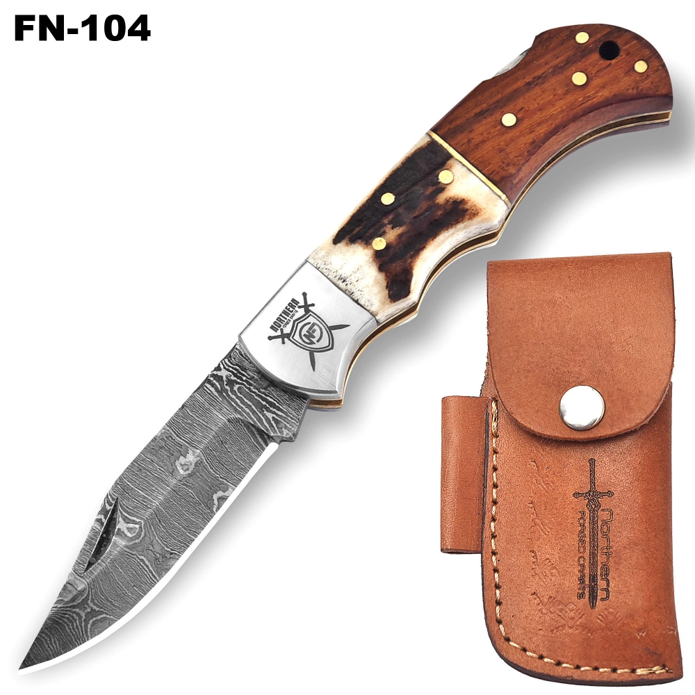Premium Damascus Folding Knife – Handcrafted with Leather Sheath & Sharpener