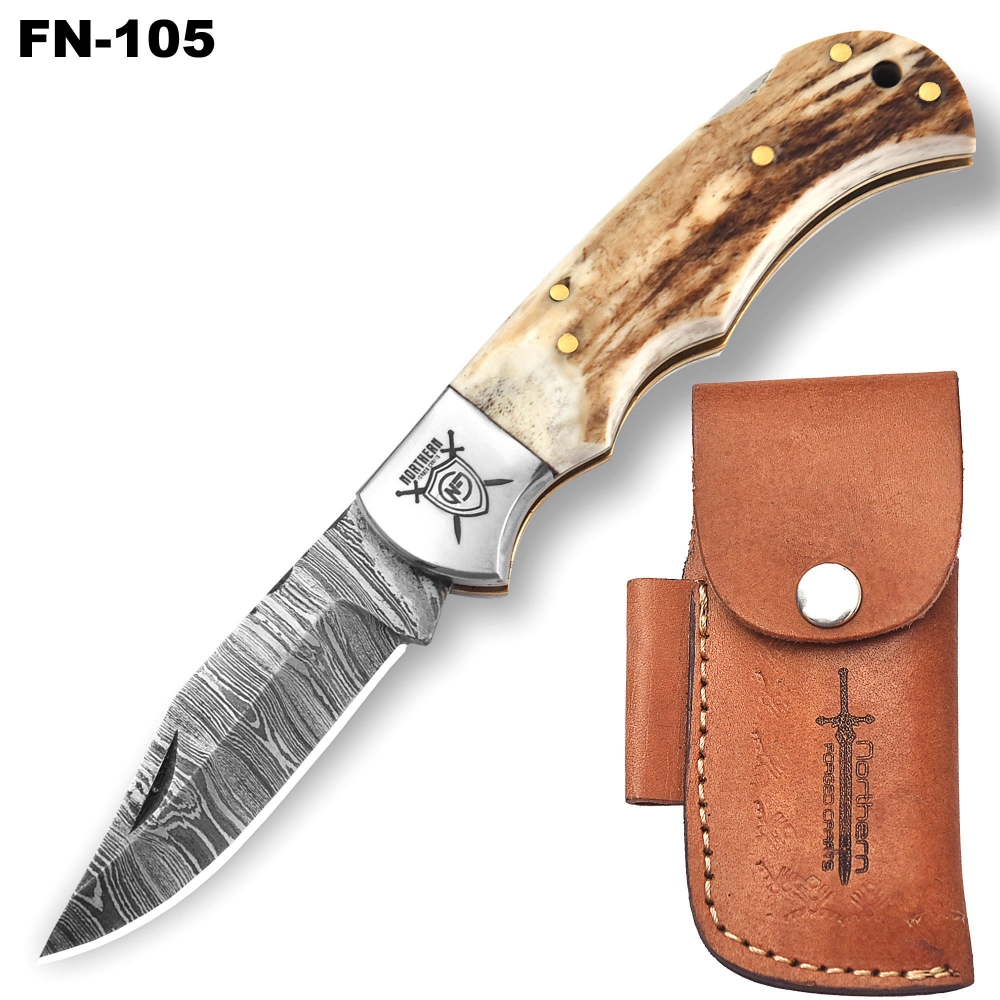 Premium Damascus Folding Knife – Handmade Blade with Leather Sheath & Sharpener