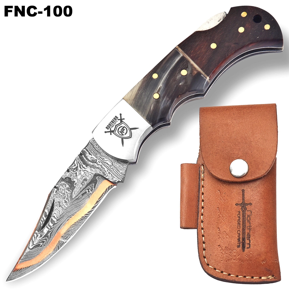 Damascus & Copper Fusion Knife I The Masterpiece with Leather Sheath & Sharpener