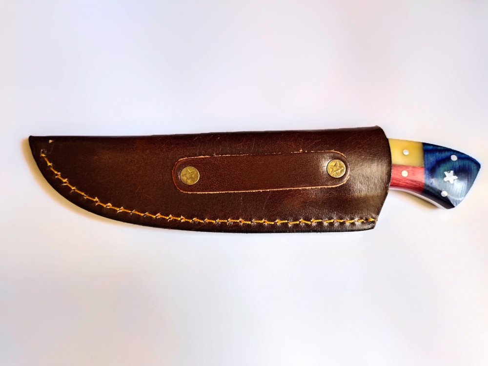 Custom Handmade 1095 and 15N20 Damascus Steel Skinner -- HRC 58 fixed blade– Patriotic Exotic Wood & Camel Bone with premium Leather sheath 
