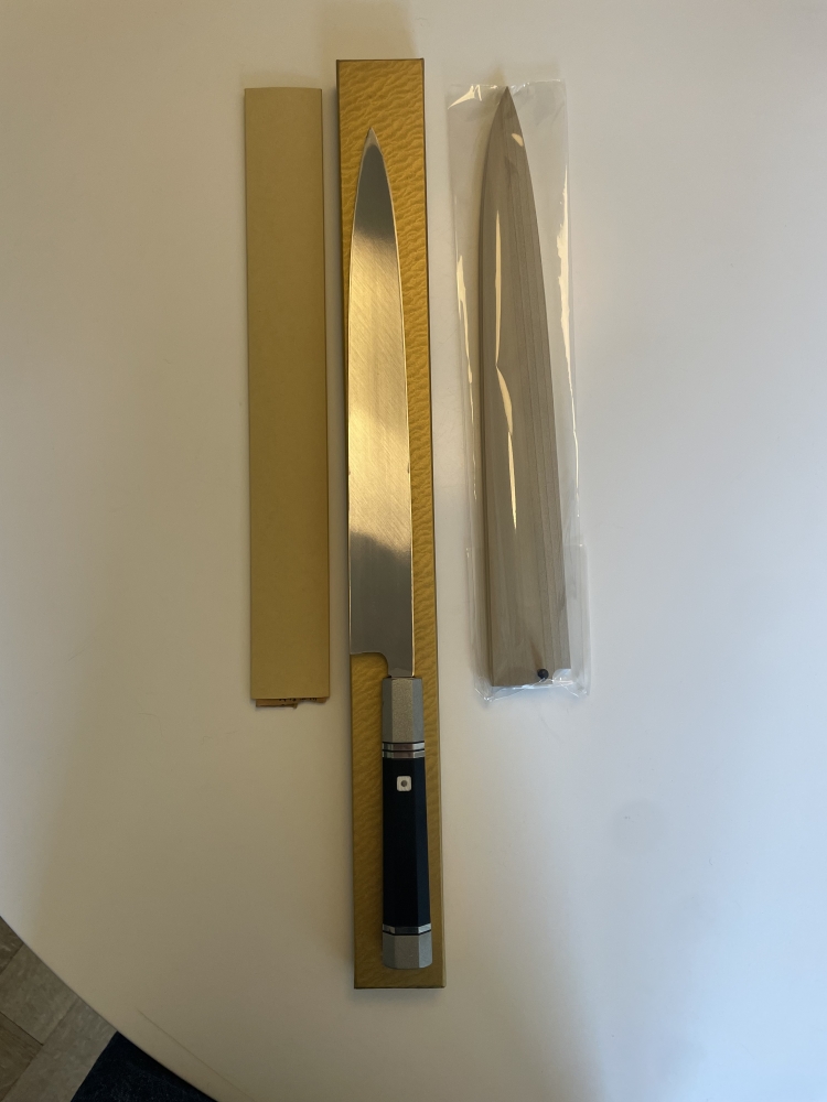 Yuzan 300mm Aoniko (Blue #2) Mizuhonyaki Yanagiba with Ebony Handle with Nickel Silver Bolster and Rings 