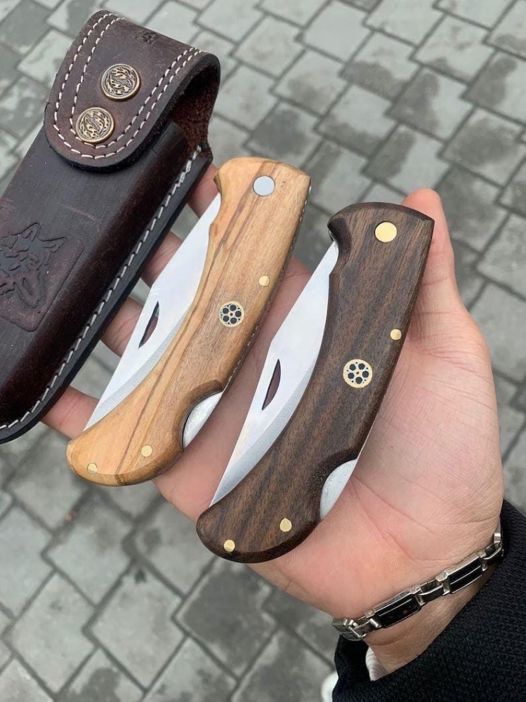 Handmade Folding Knife with Wooden Handle – EDC Pocket Knife, Camping Knife, Hunting Knife, Gift for Him, Outdoor Bushcraft Knife with Leather sheath 
