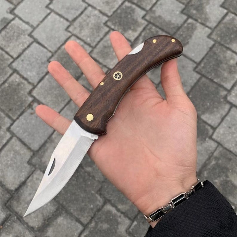 Handmade Folding Knife with Wooden Handle – EDC Pocket Knife, Camping Knife, Hunting Knife, Gift for Him, Outdoor Bushcraft Knife with Leather sheath 