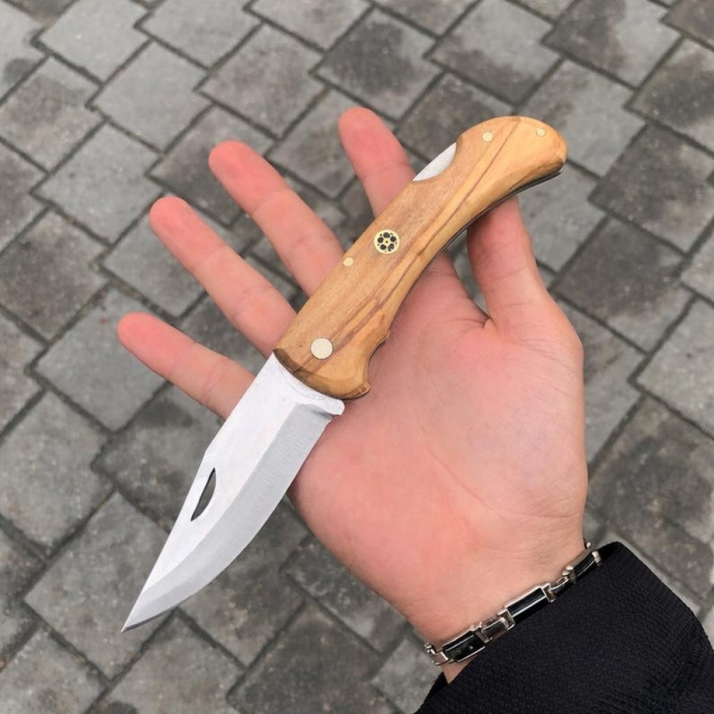 Handmade Folding Knife with Wooden Handle – EDC Pocket Knife, Camping Knife, Hunting Knife, Gift for Him, Outdoor Bushcraft Knife with Leather sheath 