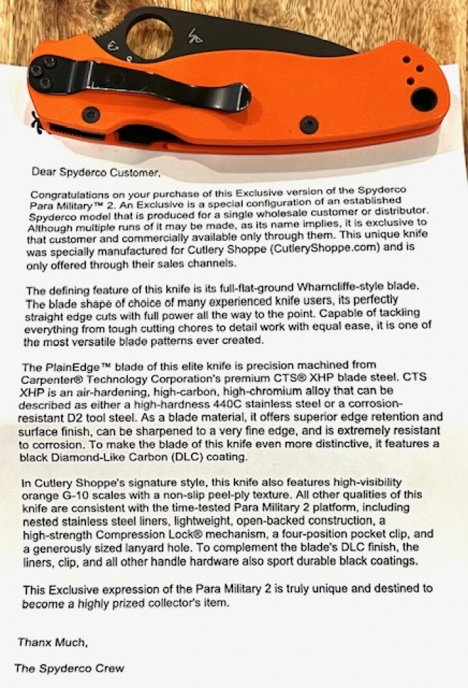 Spyderco Paramilitary 2 G10 Orange CTS-XHP Wharncliffe Cutlery Shoppe Exclusive 