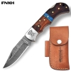 Hand-Forged Damascus Folding Knife with Leather Sheath & Sharpening Tool