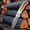 Premium Damascus Folding Knife – Handmade Blade with Leather Sheath & Sharpener