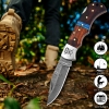 Hand-Forged Damascus Folding Knife with Leather Sheath & Sharpening Tool