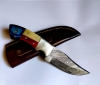 Custom Handmade 1095 and 15N20 Damascus Steel Skinner -- HRC 58 fixed blade– Patriotic Exotic Wood & Camel Bone with premium Leather sheath 