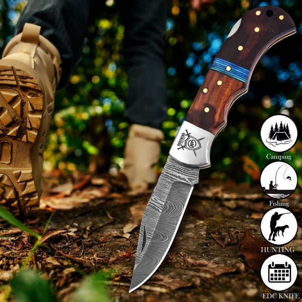 Hand-Forged Damascus Folding Knife with Leather Sheath & Sharpening Tool