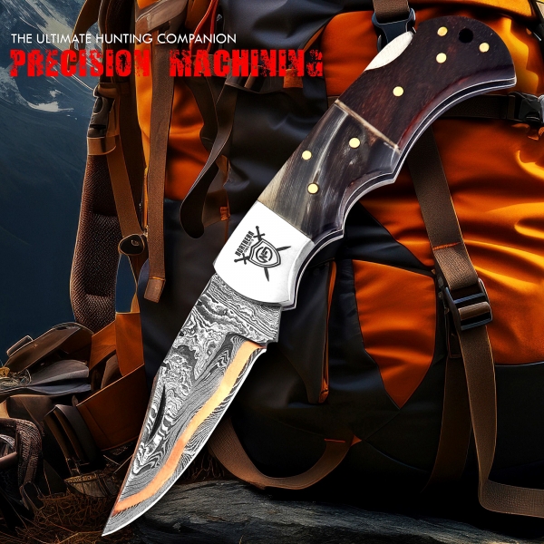 Damascus & Copper Fusion Knife I The Masterpiece with Leather Sheath & Sharpener