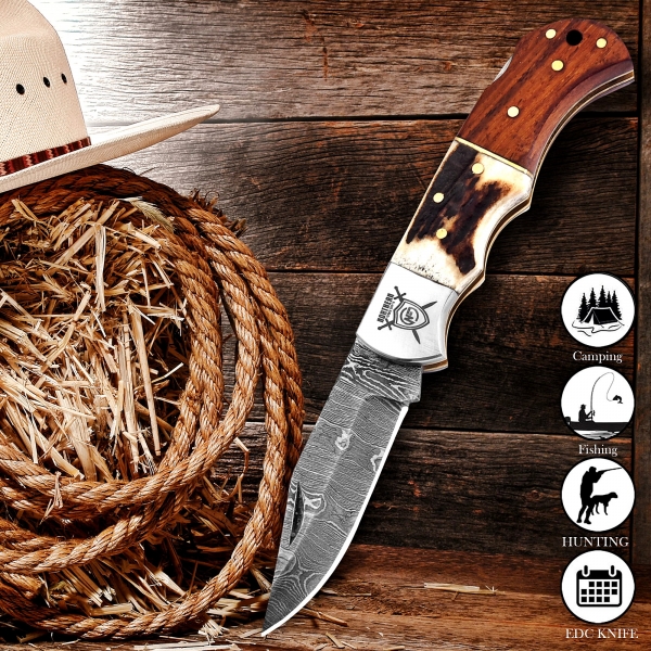 Premium Damascus Folding Knife – Handcrafted with Leather Sheath & Sharpener