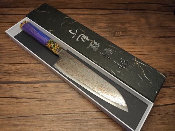 Hatsukokoro Kujaku V-Toku2 Rainbow Damascus Santoku