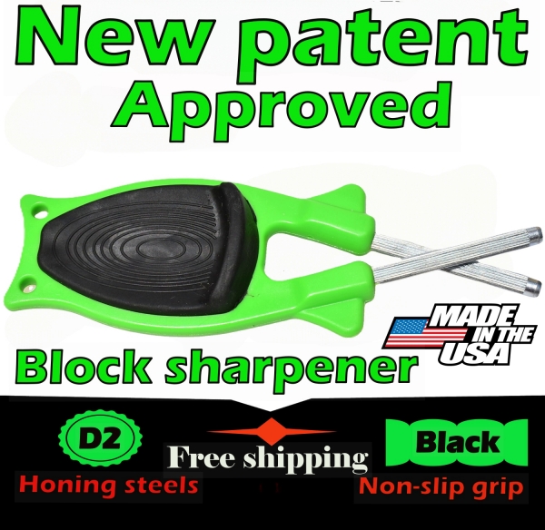New patent handheld knife sharpener that relines hones blades.