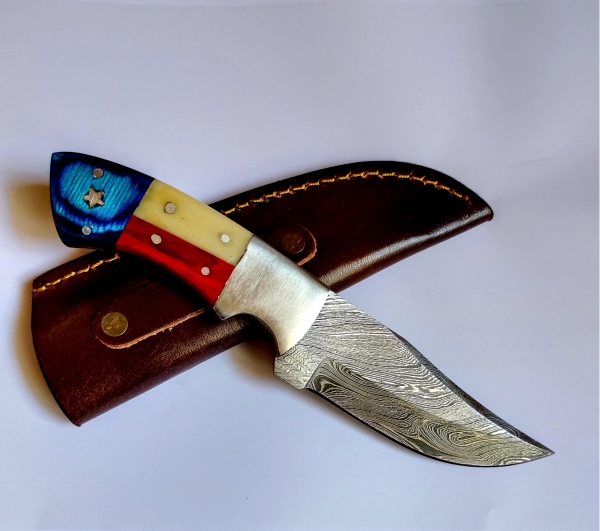 Custom Handmade 1095 and 15N20 Damascus Steel Skinner -- HRC 58 fixed blade– Patriotic Exotic Wood & Camel Bone with premium Leather sheath 