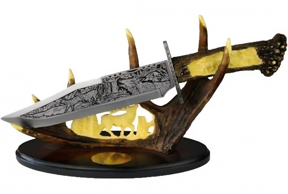 Decorative stag engraved stainless steel knives with holder