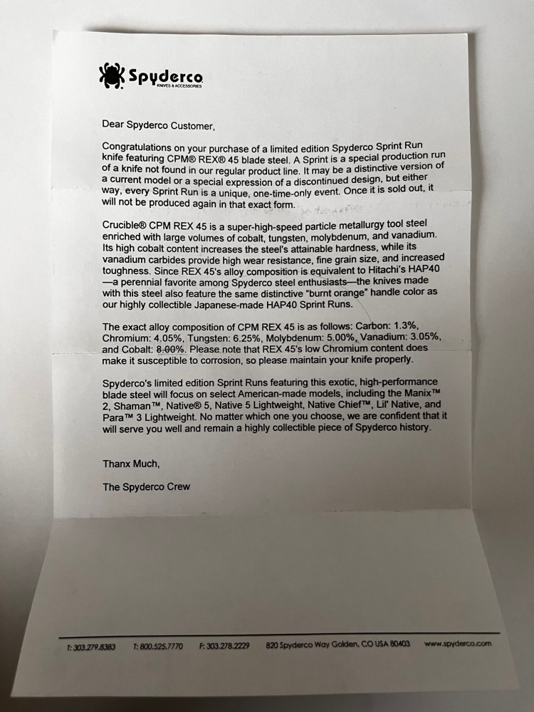 Spyderco Native Chief Sprint Run (C244GPBORE) with REX 45 blade steel and a \"Burnt Orange\" Handle Color in Excellent Condition