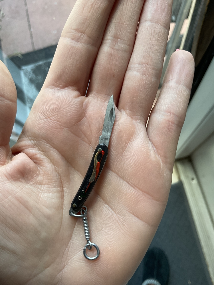 Very small vintage folding knife with gold and red bird