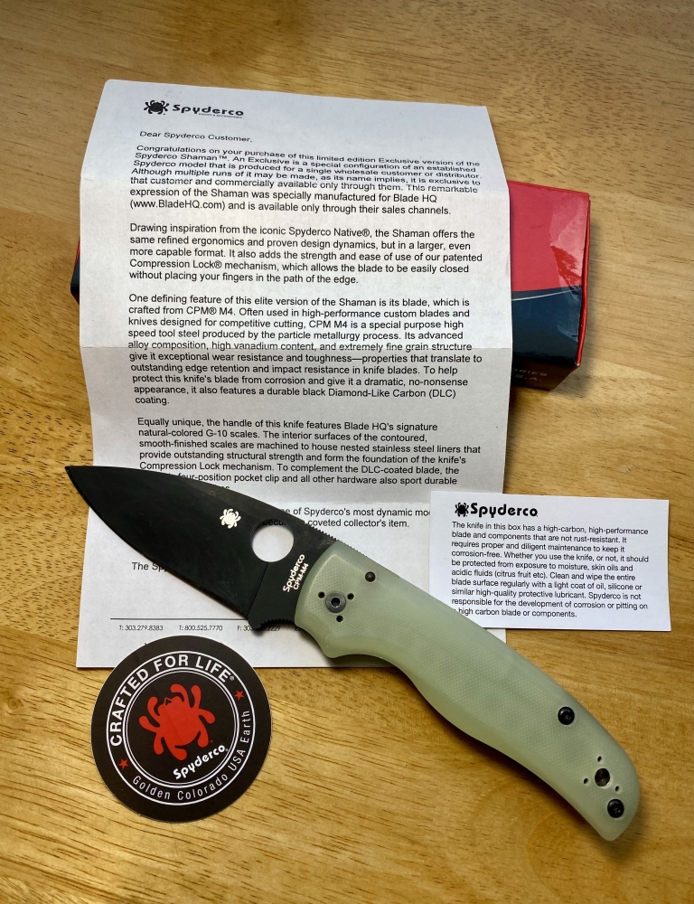 Spyderco C229GM4PBK M4 Shaman Compression Lock Knife Natural G-10 (3.6\" DLC Black) BladeHQ Exclusive
