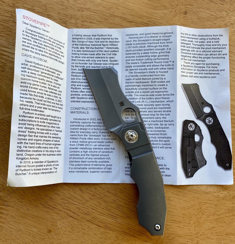 Spyderco Stovepipe Folding Knife 2.78\" CPM-20CV Dark Stonewashed Cleaver Blade, Dark Titanium Handles, Frame Lock - C260TIP