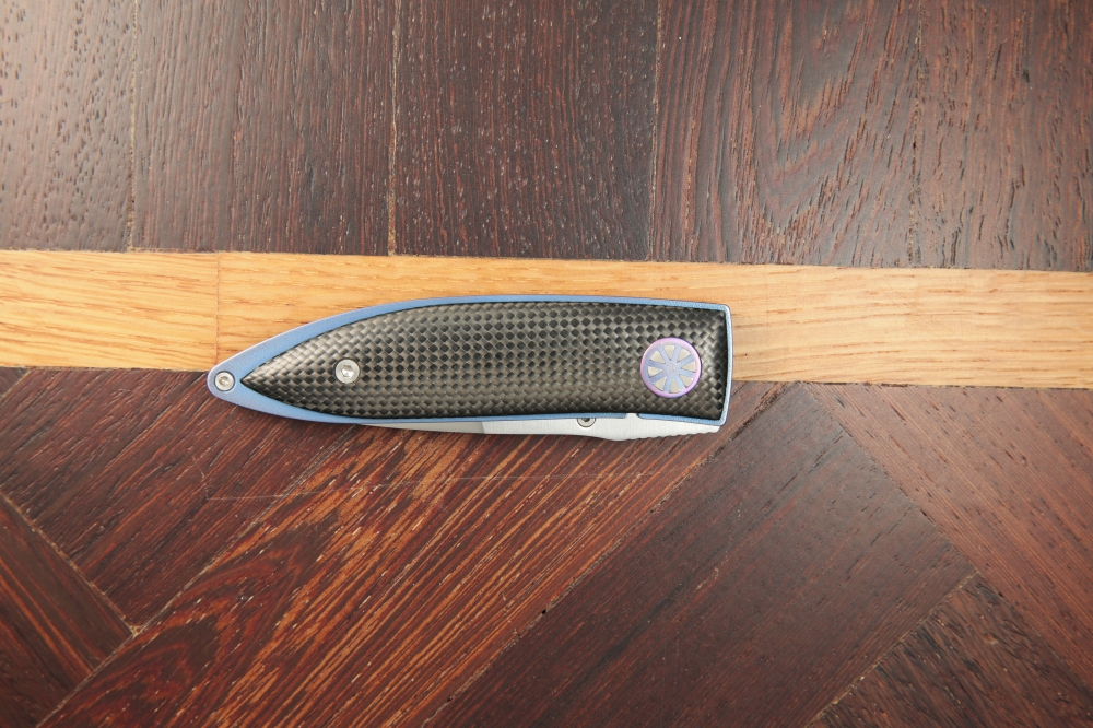 Böker Michael Walker Design Folding Knife - ATS-34, Carbon Fiber & Blue Titanium