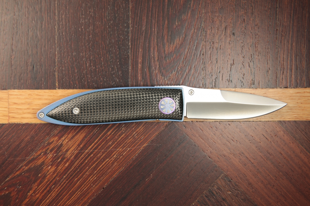 Böker Michael Walker Design Folding Knife - ATS-34, Carbon Fiber & Blue Titanium
