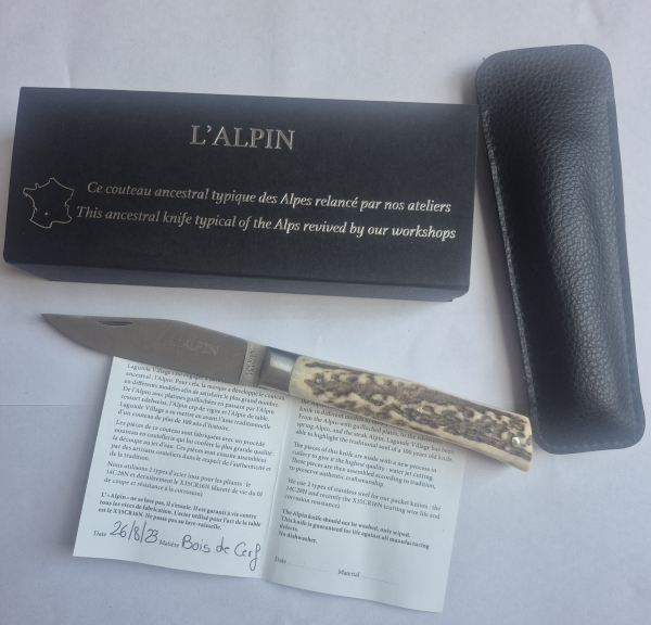 L'Alpin French Folding Knife – Deer Antler Handle – X35Cr16N Steel – Boxed