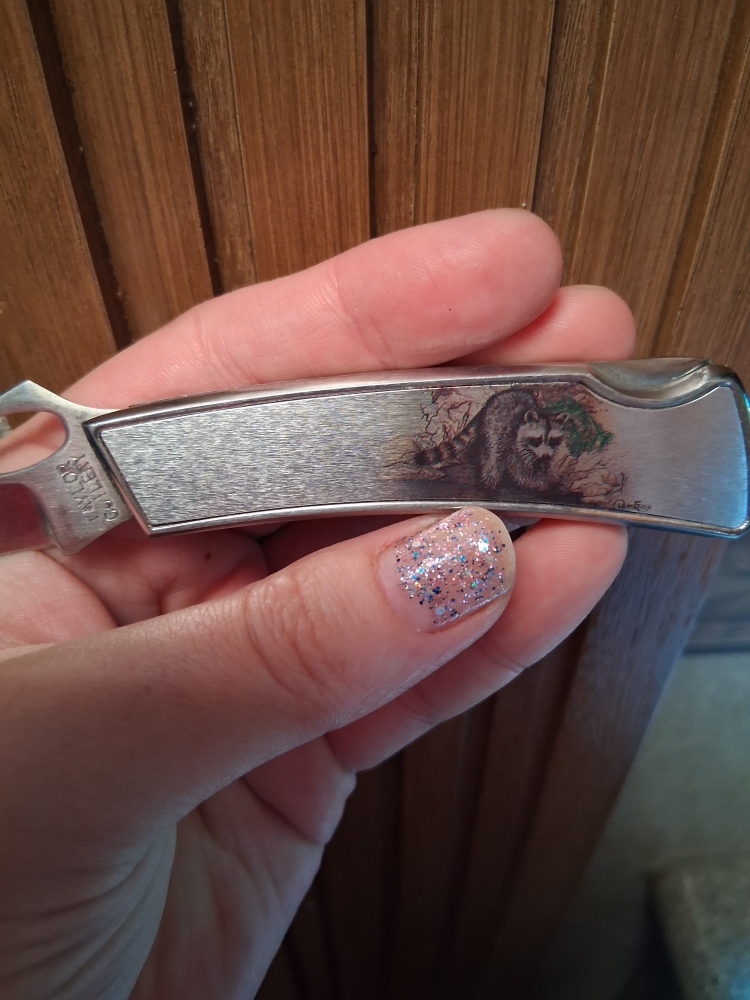 This is a 1980s Taylor USA Pam Essex Raccoon wildlife art pocket knife