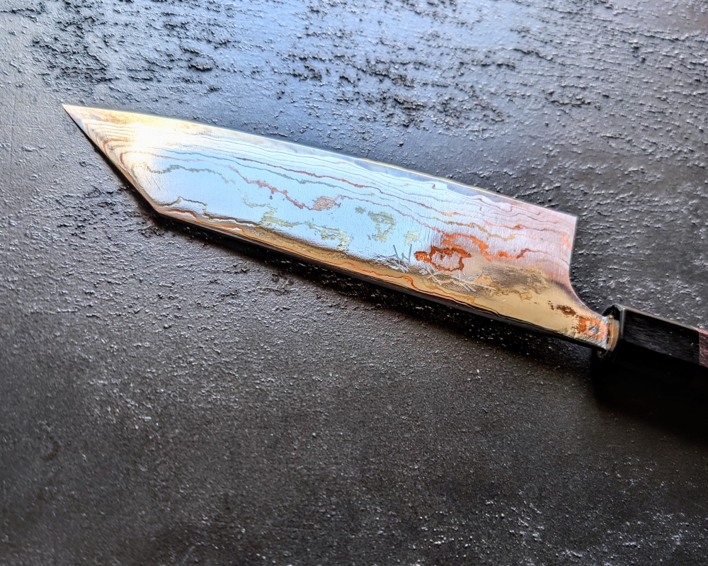 Saji Blue 2 rainbow Damascus bunka Kiri box