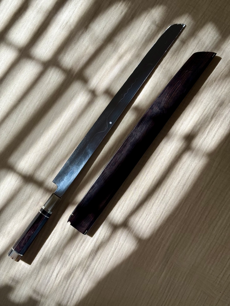 Yoshikazu Ikeda Mt. Fuji Sakimaru Yanagiba White 2 Honyaki 450mm w/ Custom Ebony Handle & Saya