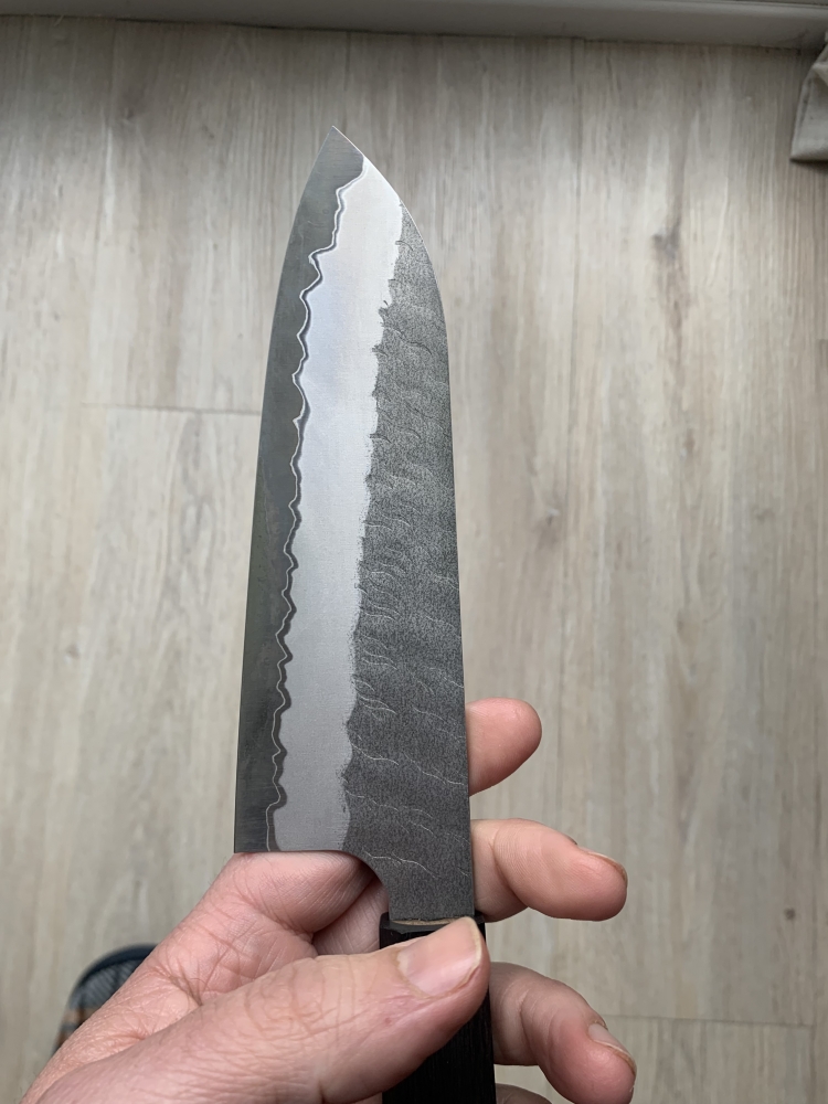 Nigara Hamono Santoku Aogami Super Migaki Tsuchime 180mm
