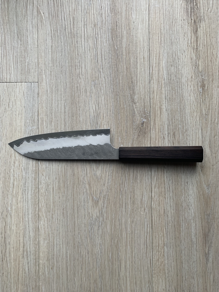 Nigara Hamono Santoku Aogami Super Migaki Tsuchime 180mm