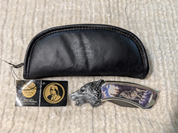 Franklin Mint Howling Timber Wolf Folding Knife 