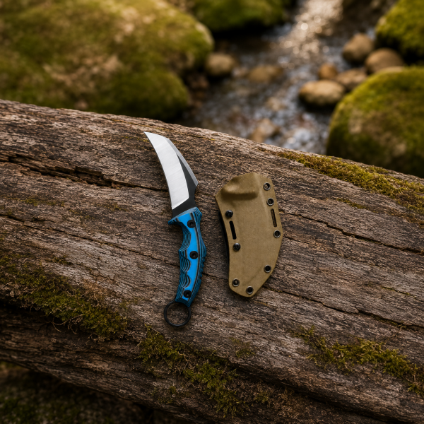 G10 Blue Handle Karambit Knife with 440C Stainless Steel Blade with Real Leather Sheath