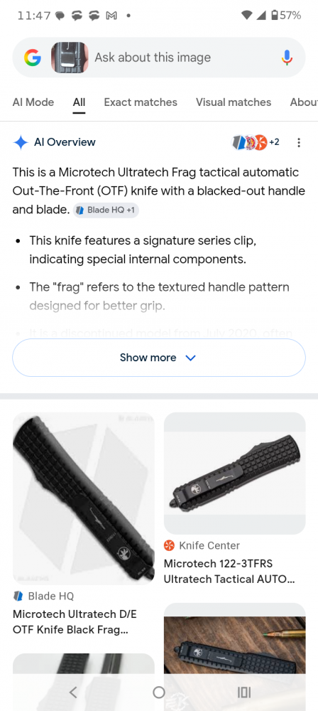 AI Mode All Exact matches Visual matches About this image Search tools AI Overview    +1 This appears to be a Microtech Ultratech Signature Series \"Frag\" pattern automatic knife, manufactured in July 2020. It features a black frag-pattern handle and is sp