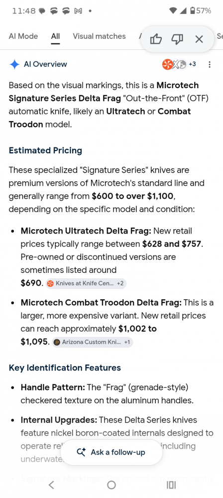 AI Mode All Exact matches Visual matches About this image Search tools AI Overview    +1 This appears to be a Microtech Ultratech Signature Series \"Frag\" pattern automatic knife, manufactured in July 2020. It features a black frag-pattern handle and is sp