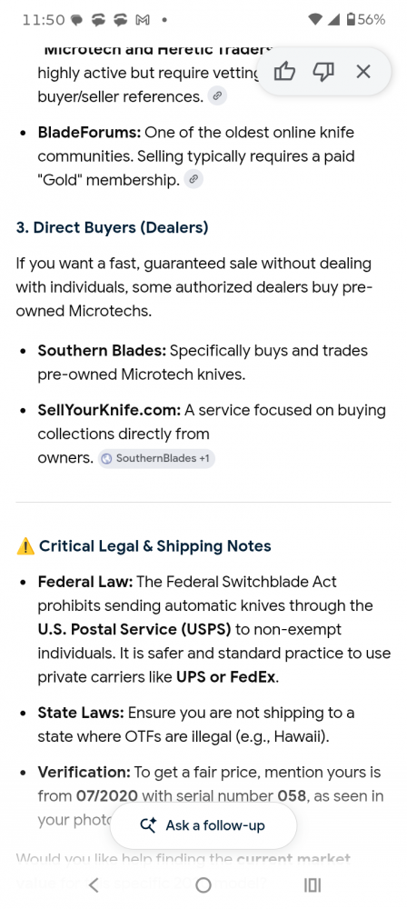 AI Mode All Exact matches Visual matches About this image Search tools AI Overview    +1 This appears to be a Microtech Ultratech Signature Series \"Frag\" pattern automatic knife, manufactured in July 2020. It features a black frag-pattern handle and is sp