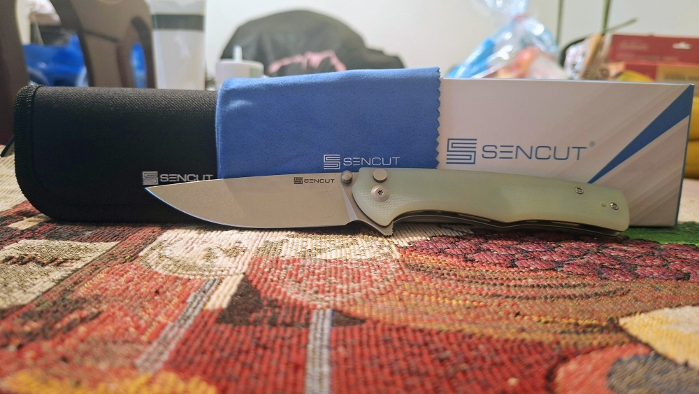 Sencut \"Crowley\" (S21012-1) Button Lock, D2 Steel Drop Point Blade, Natural G10 Scales