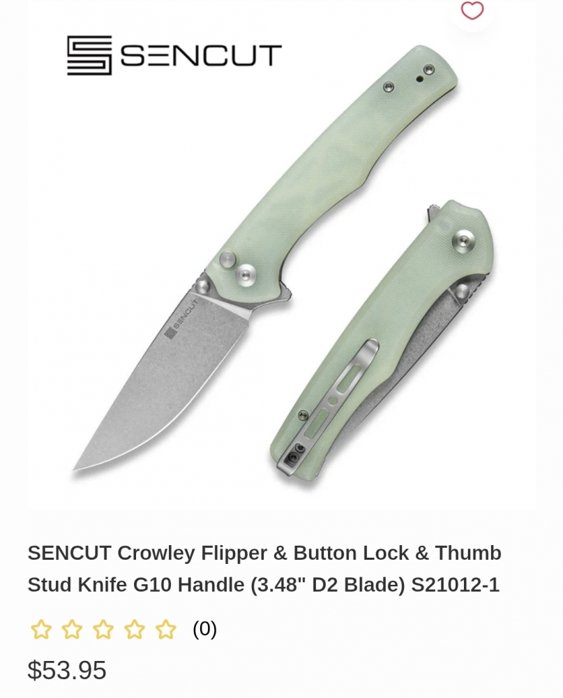 Sencut \"Crowley\" (S21012-1) Button Lock, D2 Steel Drop Point Blade, Natural G10 Scales